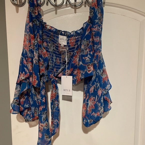 New! MISA Los Angeles Ancora Floral Sireneuse Tie-Front Crop Top 💙 Small NWT! - Picture 13 of 15